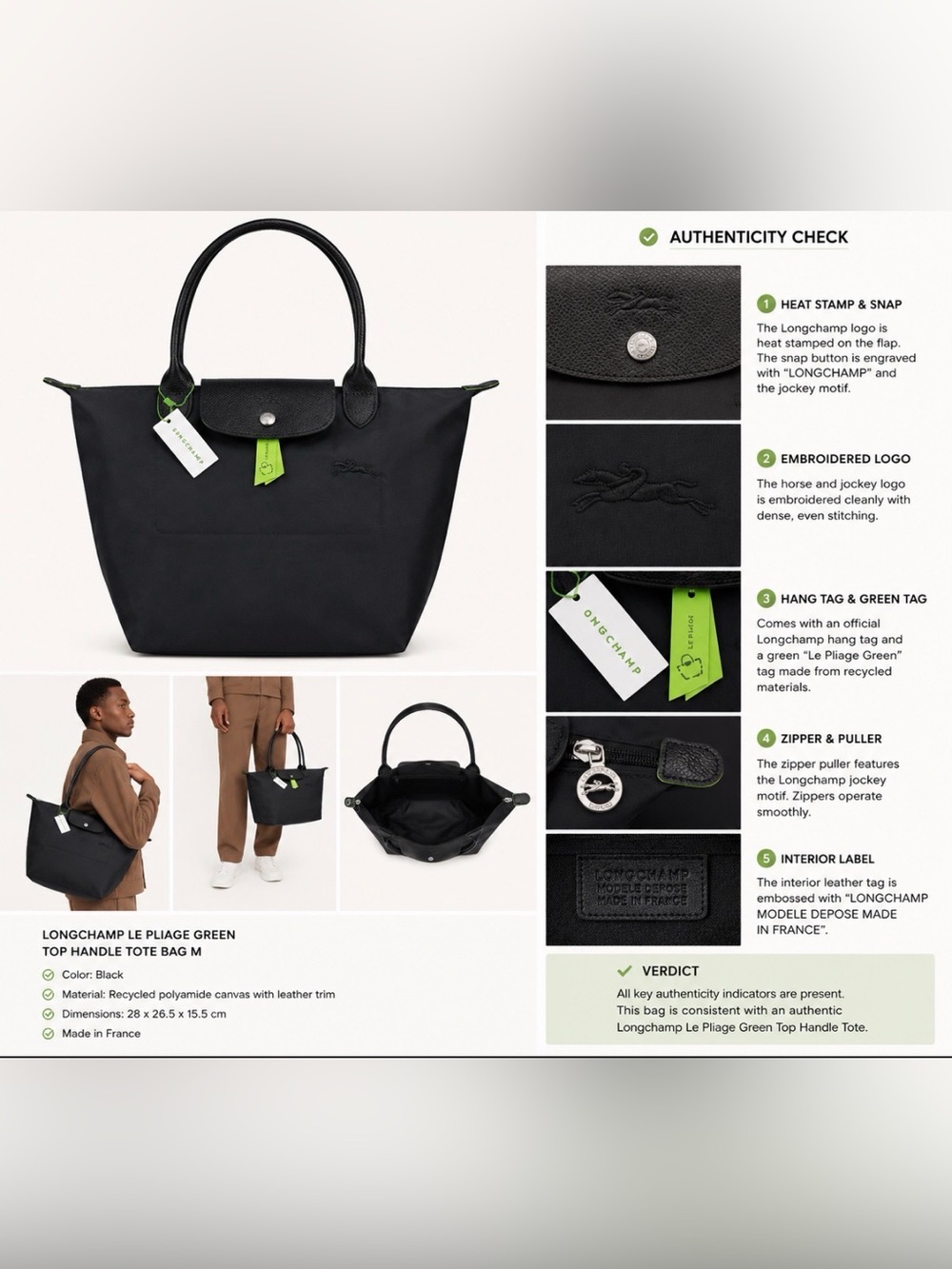 Longchamp Black Le Pliage Nylon Tote with Textured Leather Flap - Picture 7 of 7